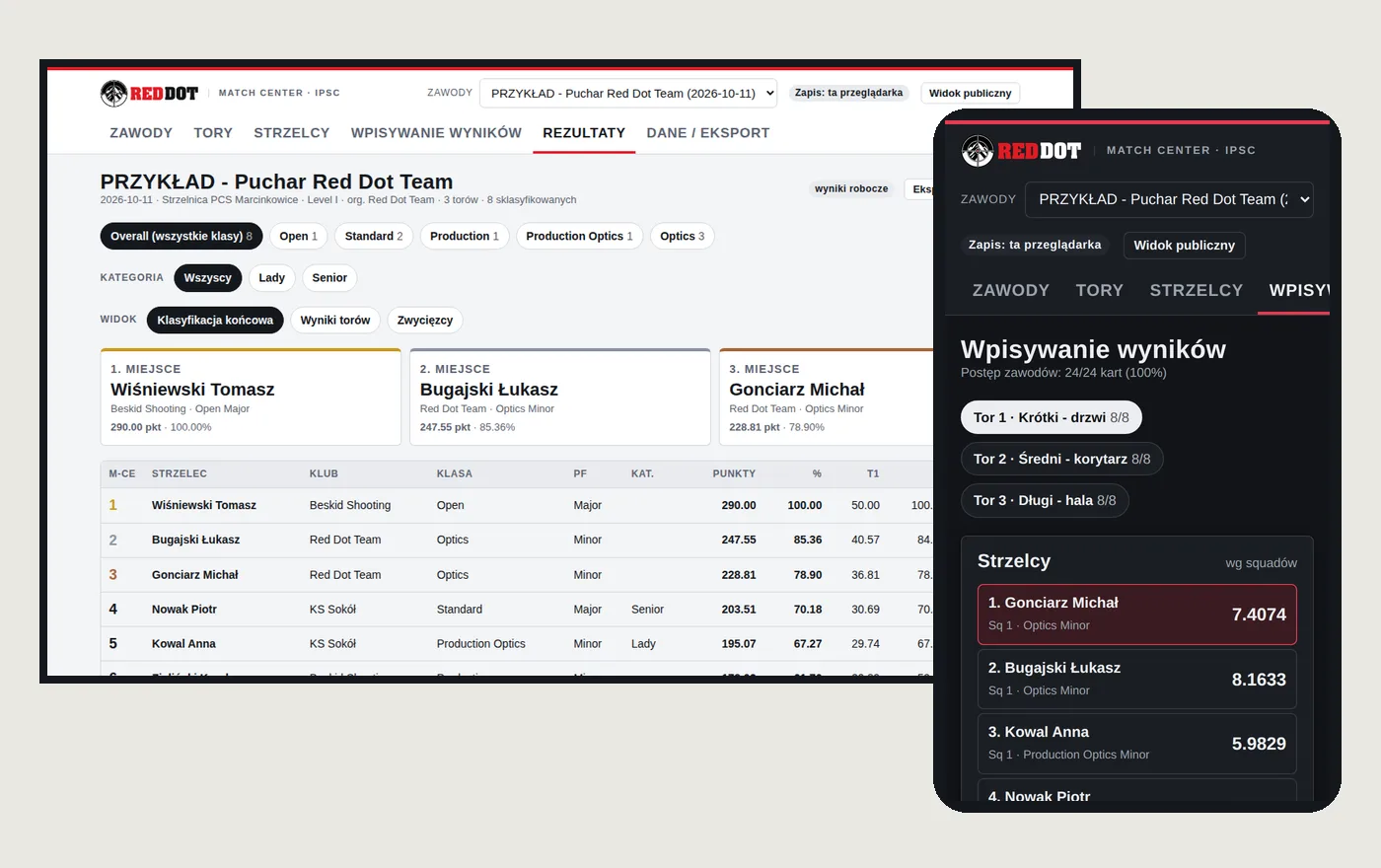 Red Dot Match Center - ekran wpisywania wyników i klasyfikacja