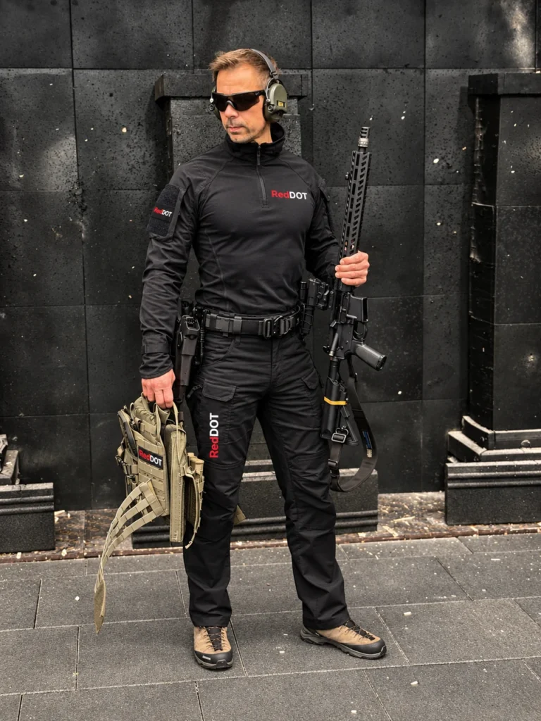 Łukasz Bugajski, założyciel RedDot, trener i sędzia IPSC, z karabinem na strzelnicy